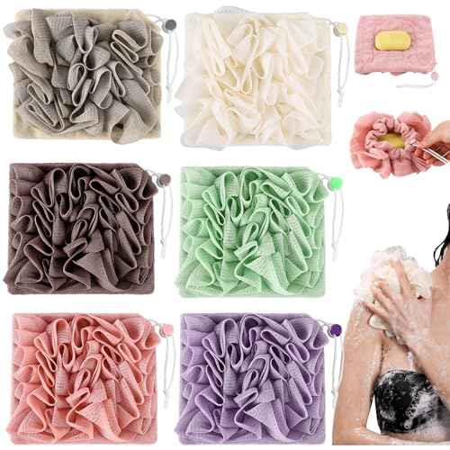 6 Pack Washcloth Loofah Combo 2 in 1 Drawstring Loofah Sponge with Bar Soap Pocket Exfoliation Mesh Shower Puff Ball for Body Wash Cleansing and Smooth Skin (Multicolor)