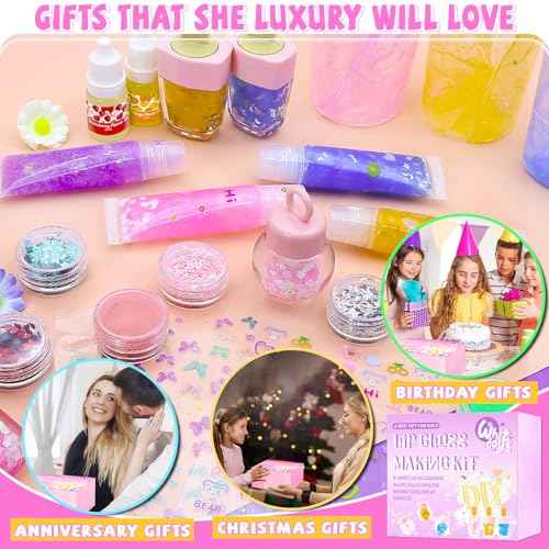 DIY Lip Gloss Making Kit 74 PCS, Purple Kids Lip Gloss Supplies Set Beginner, Fun Craft Set Moisturizing Base, Birthday Gift for Girls, Kids, Teenagers, Women