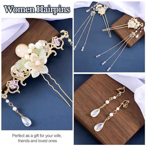 5PCS Orchid Flower Tassels Hairpin, Crystal Rhinestone Pearl Hair Clips Headpiece Retro Chinese Hanfu Floral Wedding Brides Hair Accessories Jewelry for Women Girls Updo Long Hair