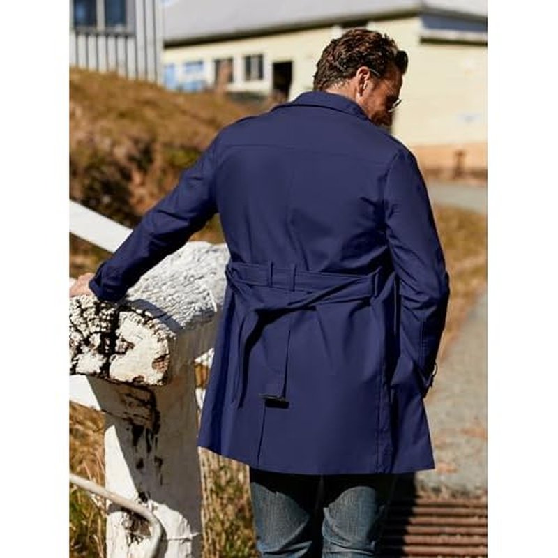 Pretifeel Mens Trench Coat Slim Fit Double Breasted Long Jacket Notched Lapel Belt Fall Windproof Coat