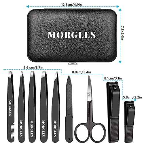MORGLES Tweezers Set and Nail Clippers, 9 Pcs Stainless Steel Tweezers Kit for Men Professional Manicure Set for Men Grooming Kit With Leather Travel Case