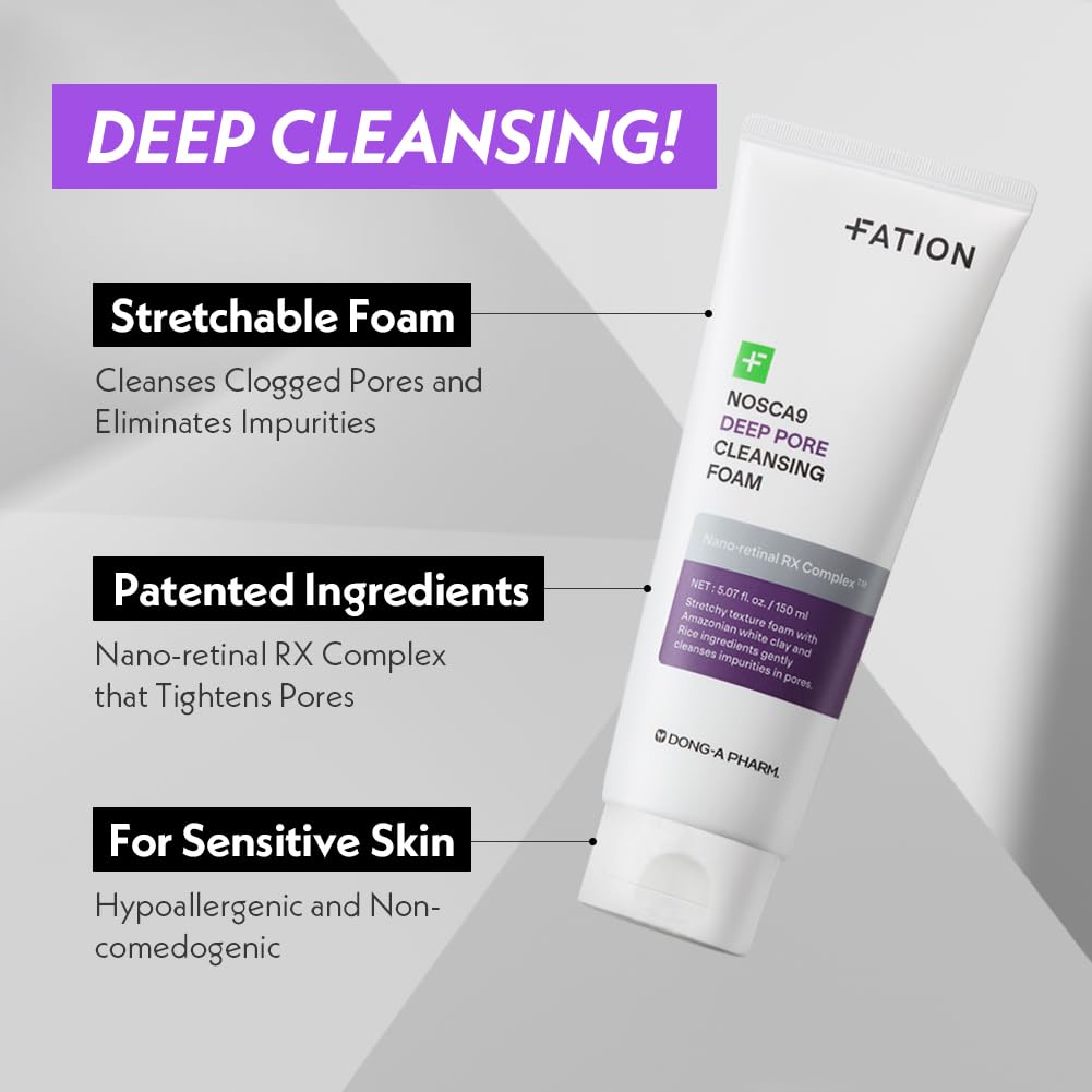 Nosca9 Deep Pore Cleansing Foam for Sensitive Skin | Korean Skincare Face Wash with 17 Amino Acids, White Clay & Patented Pore-Shrinking Ingredient | Deep Cleansing & Moisturizing