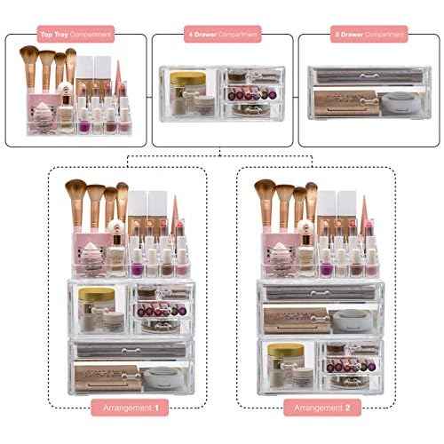 Sorbus Large Clear Makeup Organizer - Detachable 3-Piece Jewelry & Make Up Organizers and Storage Set - Spacious Cosmetic Display Tower - Makeup Organizer for Vanity, Bathroom, Dresser & Countertop