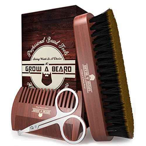Beard Brush For Men & Beard Comb Set w/Mustache Scissors Grooming Kit, Natural Boar Bristle Brush, Dual Action Wood Comb, And Travel Bag Great For Christmas Gift