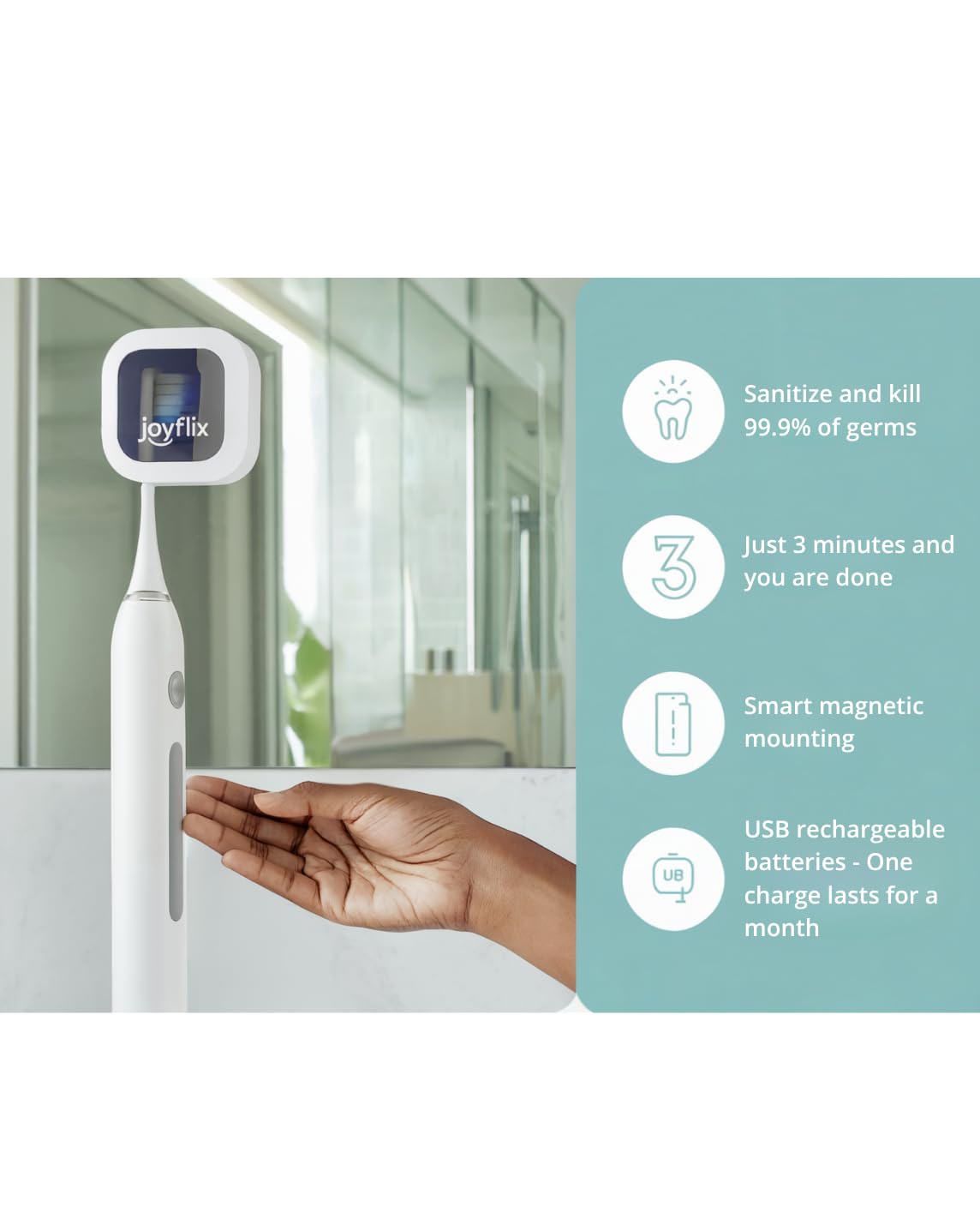 joyflix UV-C Toothbrush Sanitizer | Portable & Rechargeable | 99.9% Sanitization with Heating Function | Magnetic Mount, Travel-Friendly & Compact Design (White) (Pure White)