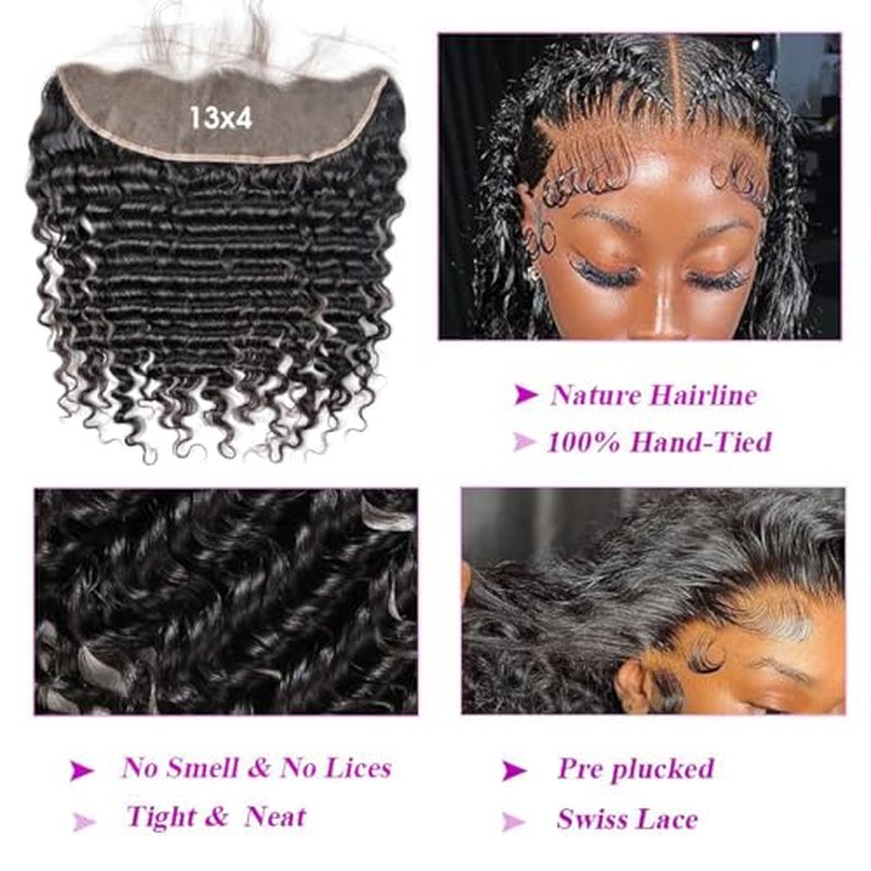 18 Inch Deep Wave Frontal 13x4 HD Transparent Lace Frontal 100% Raw Virgin Human Hair Free Part Lace Closure Natural Black Color