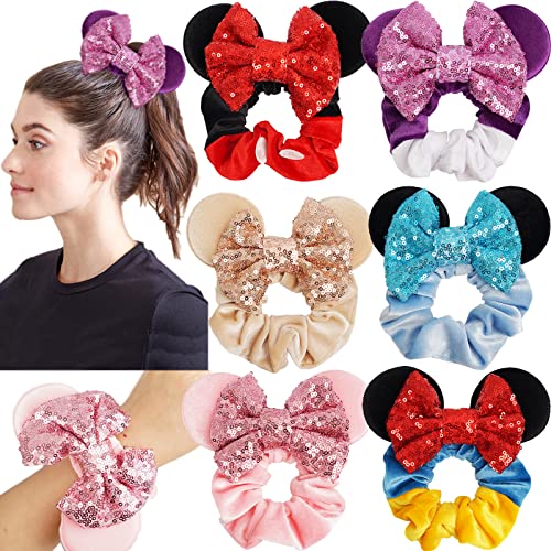 6 Pack Mouse Ears Scrunchies Velvet Sparkle Sequin Mouse Bows Hair Scrunchies Hair Ties Elastic Rubber Bands Ponytail Holders for Kids Women Girls Christmas Party Decoration