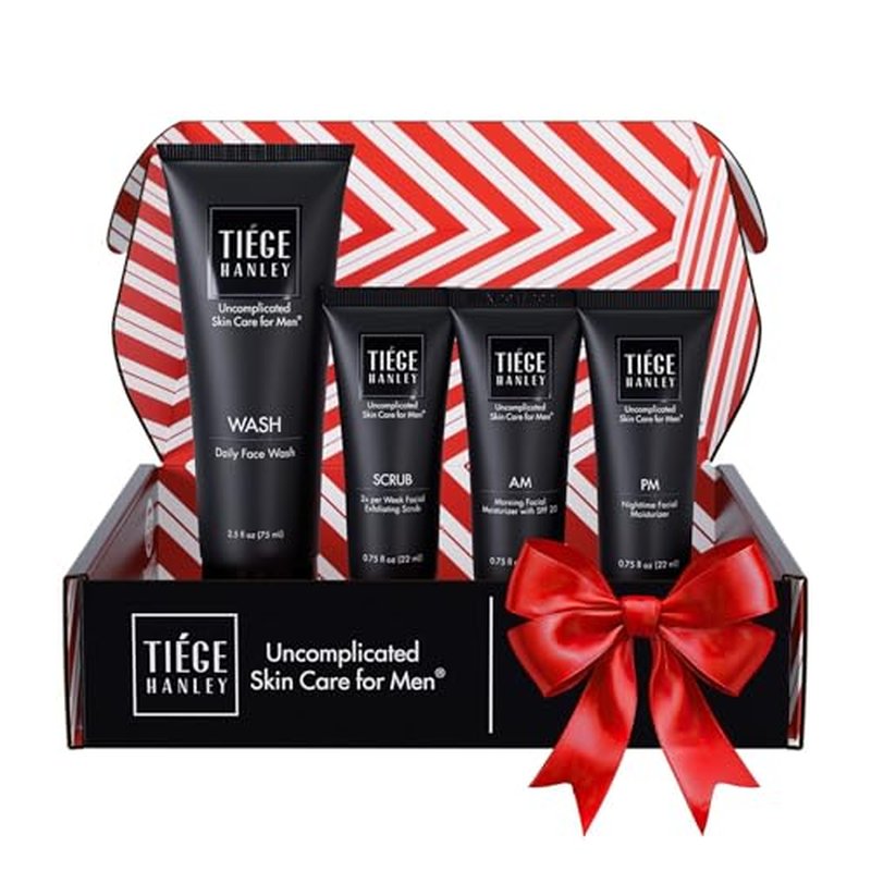 Tiege Hanley Skin Care Set for Men, Essential Routine, System Level 1, Daily Face Wash, Facial Scrub, Moisturizer With SPF, and Night Cream for Healthy, Hydrated Skin, Men¡¯s Skin Care, 4 Piece Kit