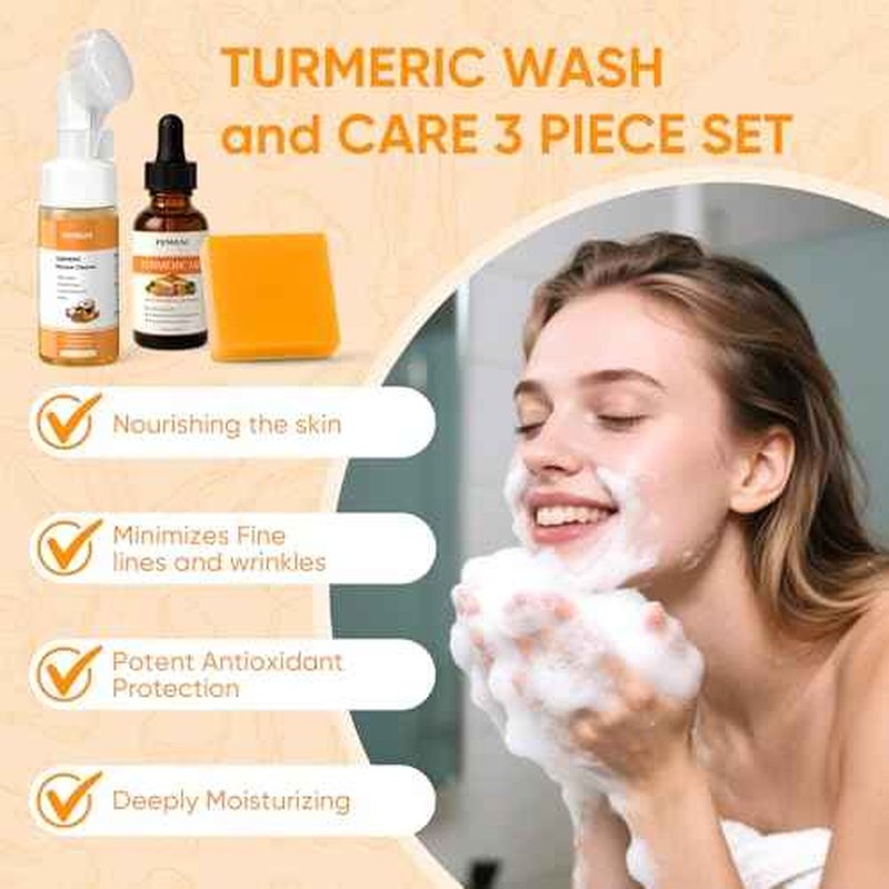 Turmeric Face Wash Set, Turmeric Facial Cleanser& Soap Bar & Oil for Face & Body Suit to All Skin Type, Protect Sensitive Skin Improve Skin Condition Soothing Irritation
