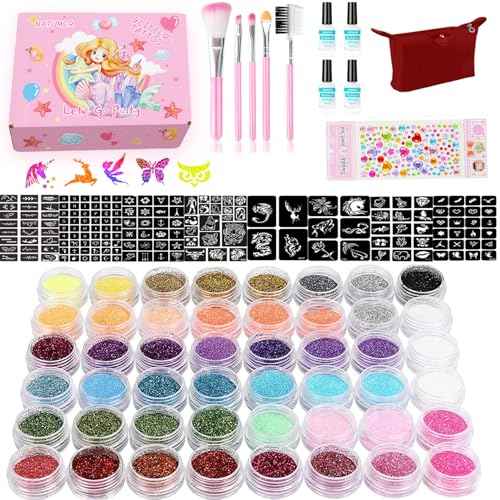 Glitter Tattoos Kit 48 Colors Waterproof Temporary Tattoos with 203 Stencils, 5 Brushes 4 Glue, Body Nail Art, Body Glitter Festival Party (48 Colors)
