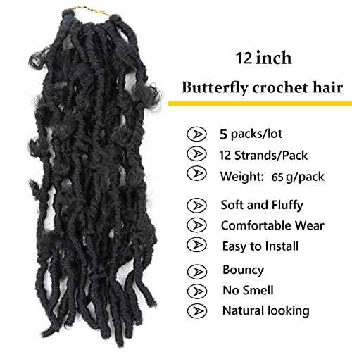 6 Packs 12 Inch Butterfly Faux Locs Crochet Hair for Black Women Distressed Faux Locs Pre looped Pre-twisted Braids (12 inch 6 pack, 1b)