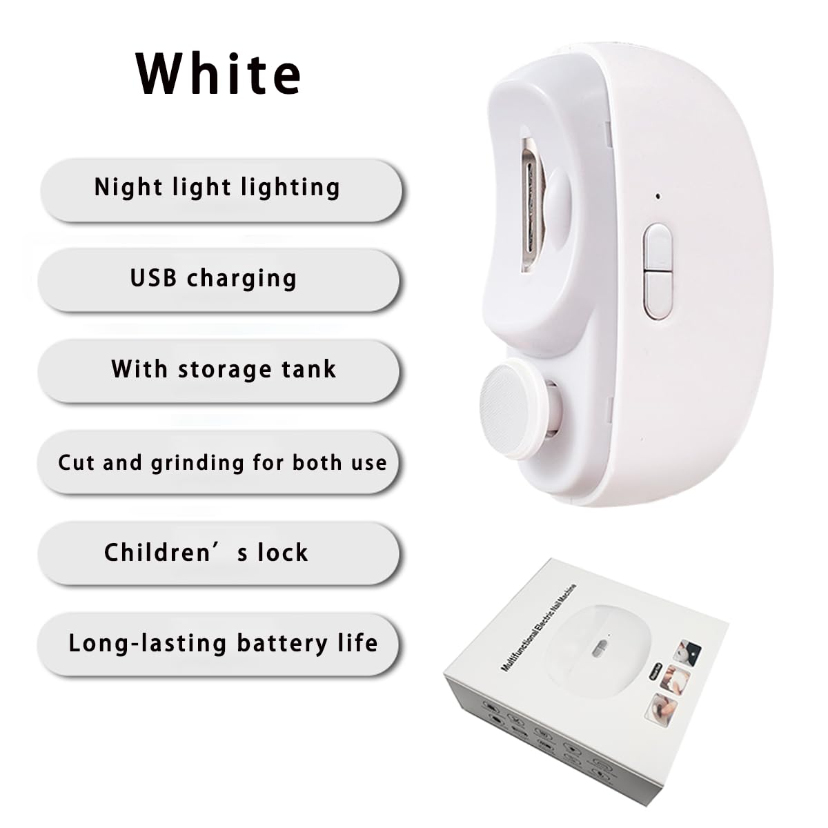 Electric Automatic Nail Clipper with Light, LISSAHNE 2 in 1 Fingernail Cutter and Polisher USB Rechargeable, Safety Fingernail Trimmer for Baby Seniors and Adult Gift Choice White (White)