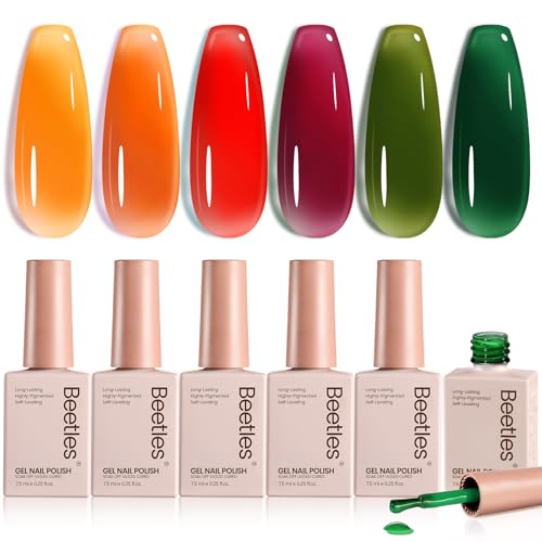 Beetles Jelly Gel Nail Polish Set - Autumn Prism Jelly Gel Polish, 6 Colors Fall Gel Polish Kit Yellow Orange Burgundy Red Purple Green Sheer Translucent Soak off UV Nail Art Manicure Gift for Women