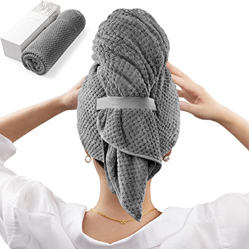 YFONG Large Hair Towel Wrap for Women, Super Absorbent Microfiber Hair Towel for Curly Hair, Fast Drying Hair Turbans with Elastic,Hair Drying Towel Wrap for Hair Care 26.3" X 40" (Dark Gray)