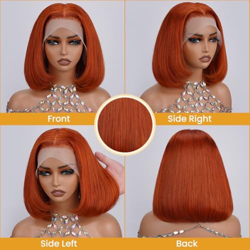 Ginger Orange Bob Wig Human Hair 13x4 HD Lace Frontal Wigs Human Hair for Women Ginger Glueless Short Straight Bob Lace Frontal Wigs 180% Density #350 10 Inch