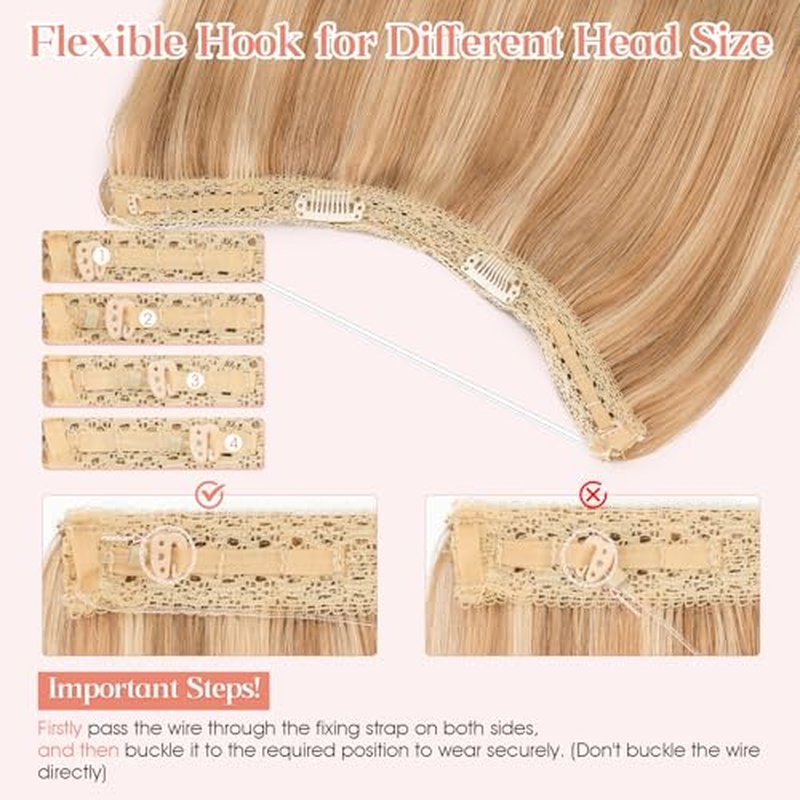 Hairro Wire Hair Extensions Human Hair, Fish Line Invisible Adjustable & Clips in Extensions Straight, 100% Real Hairpieces Seamless Blending for Women, 12 Inch 65g Golden Brown Mix Bleach Blonde