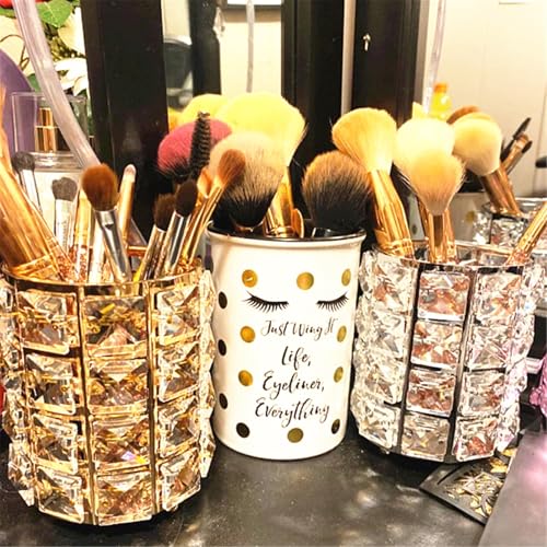 LUGUNU Makeup Brush Holder with Silver Crystal Bling ? Elegant Vanity Organizer for Brushes, Pens & Pencils, Ideal for Bathroom or Office Countertop(2Pack)