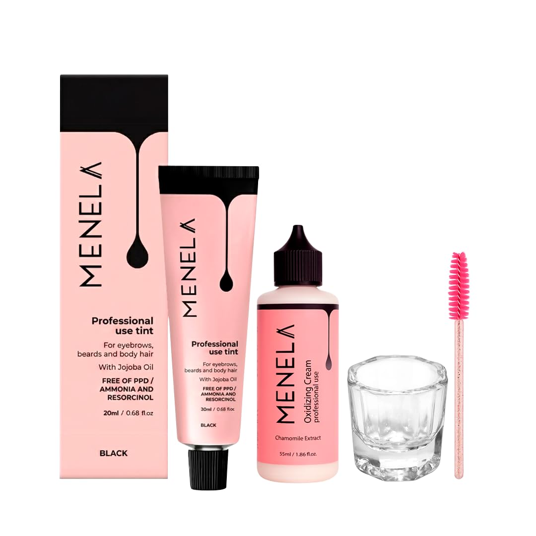 Brow & Beard Hair Tint Kit - Black Color, No Skin Staining, Includes Brush & Mixing Glass