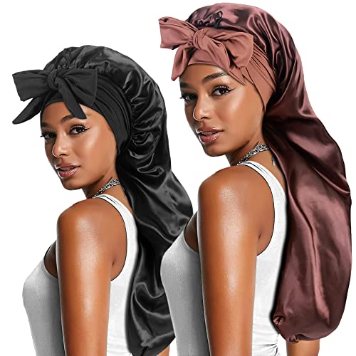 2pcs Long Satin Bonnets with Tie Band, Large Braid Bonnet Silky Hair Cap for Locs Women Sleeping, E