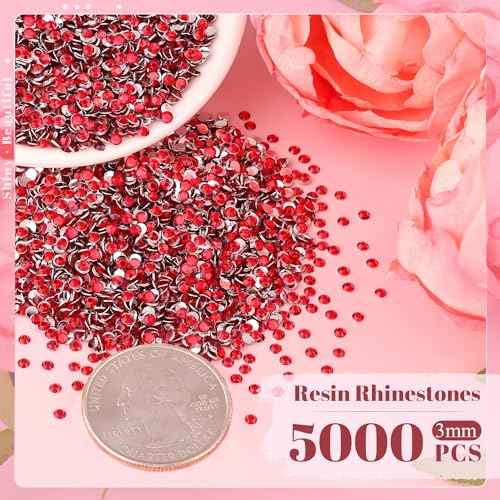 5000PCS 3mm Resin Rhinestones in Bulk (Red), Bedazzling Flatback Crystals for Crafts DIY Nail Decoration, Gems Charms for Tumbler Shoes Clothing Fabric with Pickup Pen and Tweezers