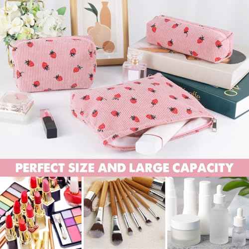 3 Pcs Makeup Bag Cosmetic Bag Set for Girls Women Travel Organizer Bathroom Toiletry Pouch Large Capacity Storage Bag (Strawberry Pink)