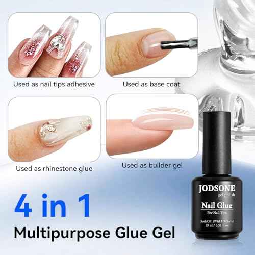 JODSONE 15ml Nail Glue Gel 5 in 1 for Nail Tips Long Lasting Extension Glue for Clear Nail Tips and Clear Press on Nails, Nail Repair Treatment, Salon Art DIY at Home Need U V Light Cured