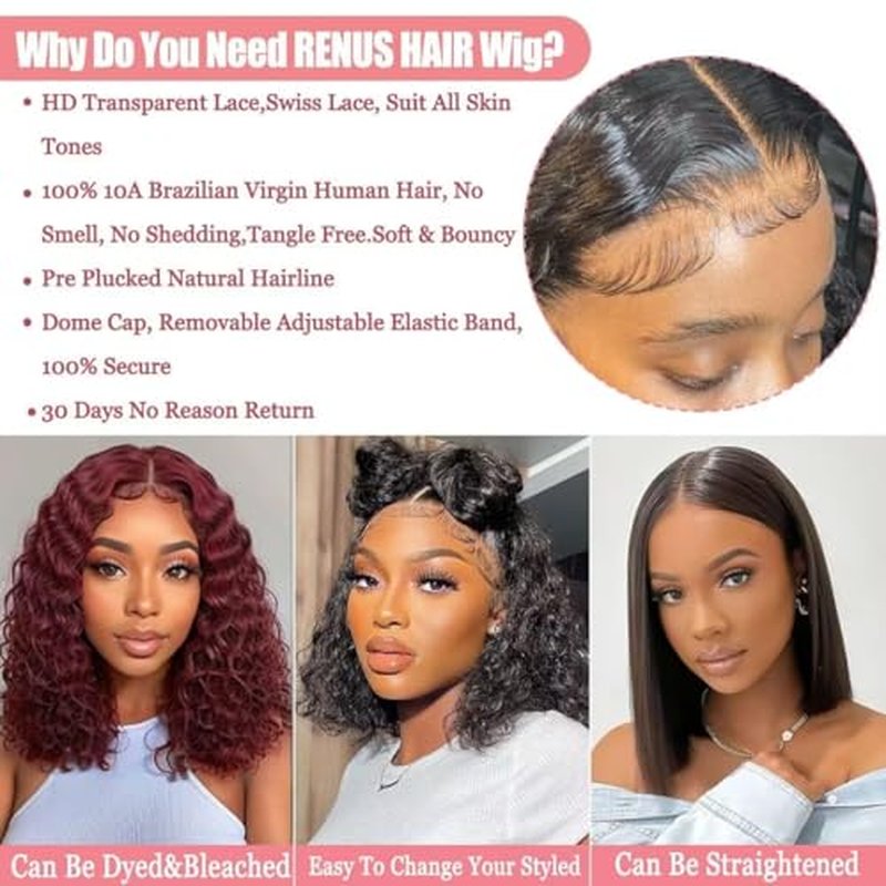 Deep Wave Bob Wig Human Hair 13x4 Hd Lace Front Wigs Human Hair Wear and Go Glueless Wigs Pre Plucked Pre Cut Short Curly Bob Wigs For Women 180% Density 10 inch