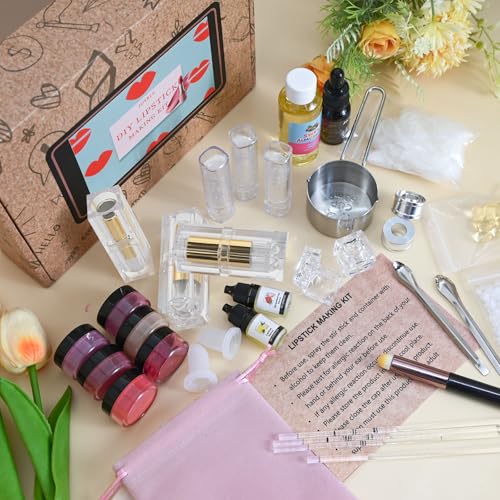 Lipstick Making Kit- 47Pcs DIY Matte Velvet Lipstick Set, Lip Gloss Kit, Make Your Own Lip Stain Kit with Beeswax Long-Lasting Quick-Drying Non-Stick Cup Lip Makeup Gift Kit for Women Beginner