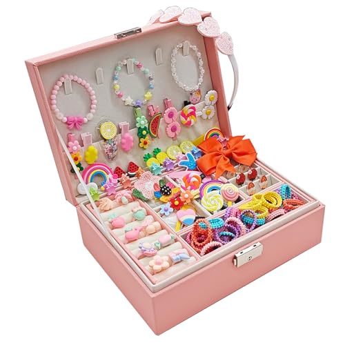Jewelry Box with Hair Accessories for Girls, Hair Clips/Barrettes/Hair Ties/Bows/Toy Rings/Bracelets/Earrings/Hair Ropes/Hair Elastics, Gift Toys for Teen, Girls aged 4 5 6 7 8-12
