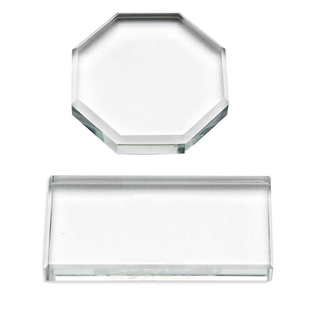 2Pcs Professional Eyelash Extension Adhesive Glue Pallet Crystal Glass Eye Lash Base Pad Tray Stand Holder for Fake Eyelashes Extension Makeup Cosmetic Nail Palette Tool, Octagon and Rectangle