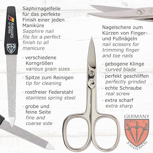 3 Swords Germany - brand quality 10 piece manicure pedicure grooming kit set for professional finger & toe nail care tweezers file clipper fashion leather case in gift box, Made by 3 Swords (01610)