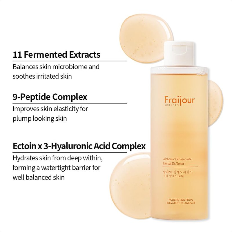Fraijour Alchemic Ginsenoside Herbal Rx Toner – Hydrating Facial Toner with Ginsenoside, Ectoin & 11 Fermented Extracts, Boosts Moisture & Skin Barrier, Preps & Revives Dull Skin, 8.45 fl. oz.