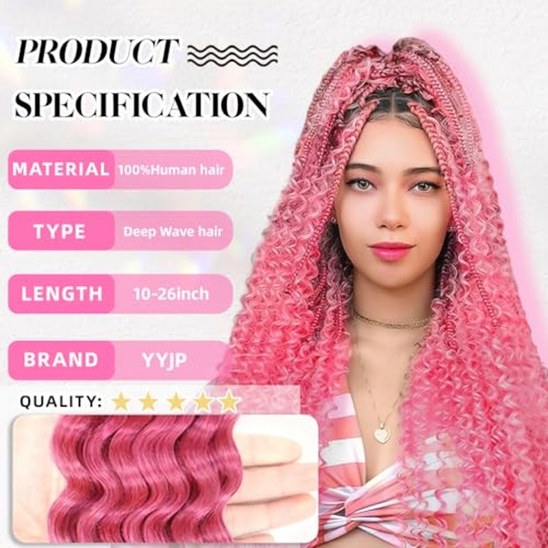 10 Inch Deep Wave Human Braiding Hair for Boho Braids ? 120g 3 Bundles/Pack Pink 100% Unprocessed 12A Brazilian Virgin Human Hair Bulk, No Weft, Wet & Wavy Curly Extensions