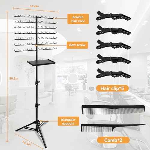 BRIAN & DANY 140-Peg Braiding Hair Rack Standing, Height Adjustable Hair Extension Holder with Salon Tray, Hair Separator Stand for Hairstylist Braiders, Black