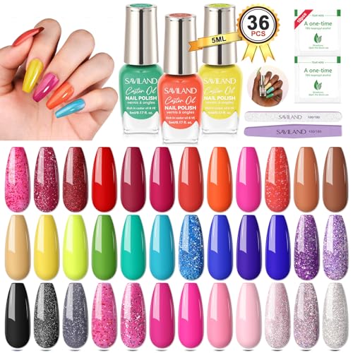 SAVILAND Nail Polish Set Air-Dry: 36 Colors Nail Polish Kit Red Pink Blue Glitter Regular Nails Polish with Base Top Coat Nail Lacquer Acrylic Nail Set for Beginner Home Salon DIY Gift Summer