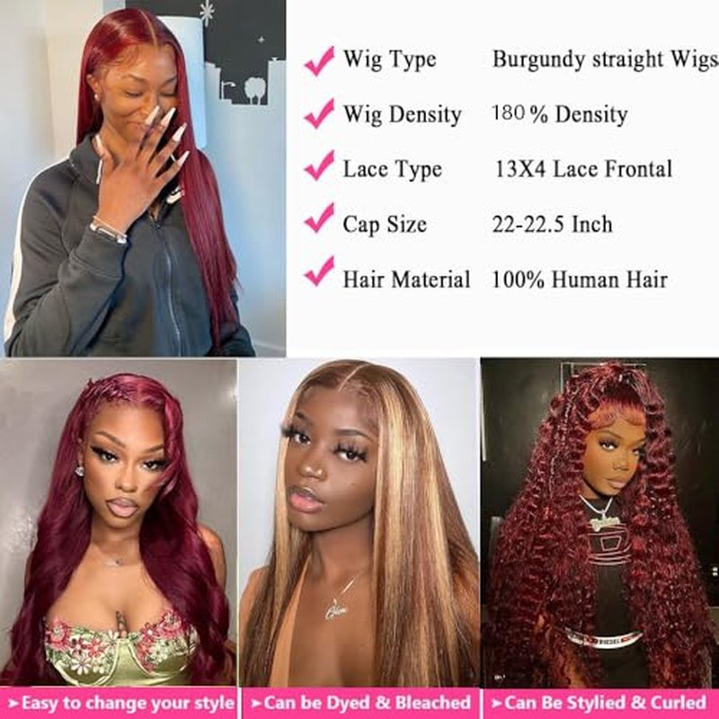 99J Burgundy Lace Front Wigs Human Hair 13x4 Straight Lace Front Wigs Pre Plucked Burgundy Wig Human Hair Straight Wigs for Women 180% Density Wine Red Wig 20Inch