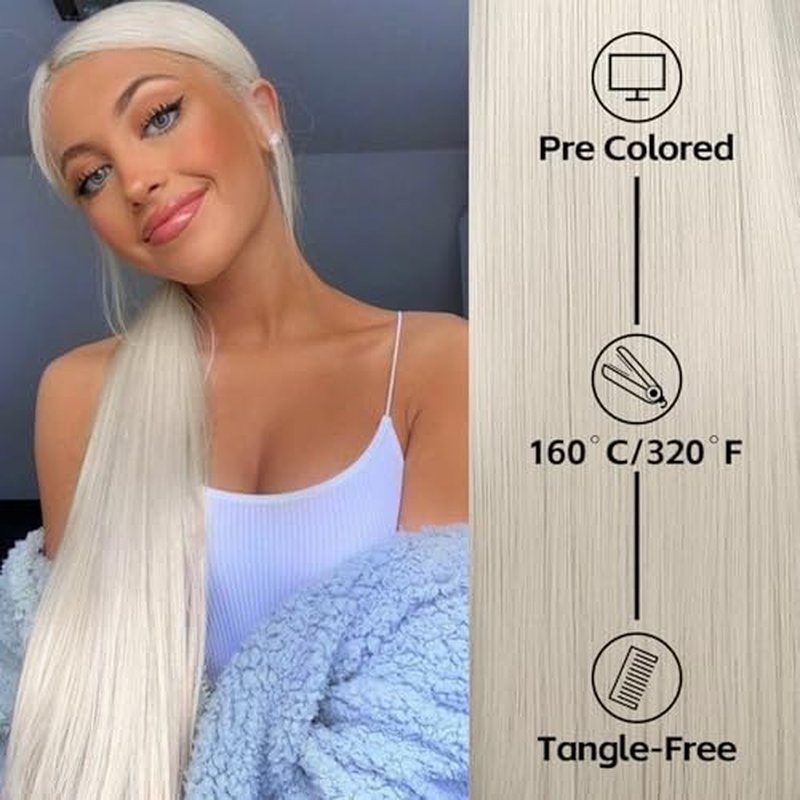 13X6 Platinum Blonde Synthetic Lace Front Wig Glueless Wig for Women Long Straight Pre-Plucked Hairline Ready to Wear Wigs 26 Inch Cosplay Party Use