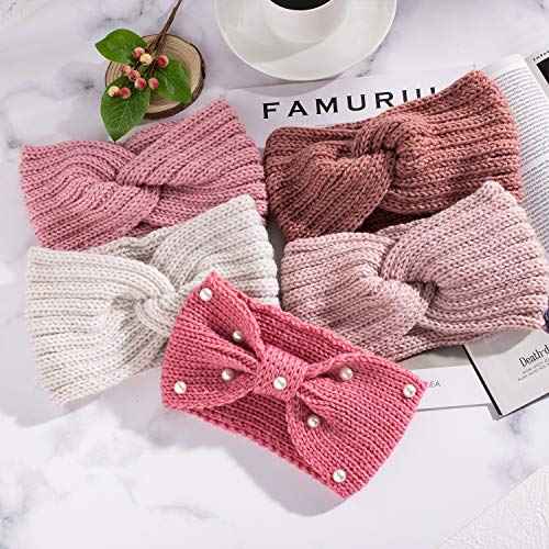 Whaline 5 Pieces Winter Knit Headbands Chunky Knit Headbands,4 Elastic Turban Head Wraps and 1 Pearl Crochet Hair Band, Ear Warmer Crochet Head Wraps for Women Girls (Pink Colors)