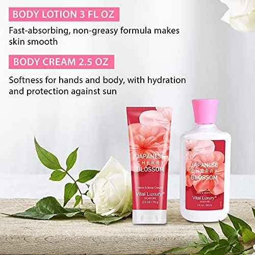 Bath and Body Care Gift Set for Women and Girls, Personal Self-Body Care Travel Set, Japanese Cherry Blossom Spa Home Set with Natural Extracts, 4 Pack - Shower Gel, Body Lotion, Body Mist, Hand Cream