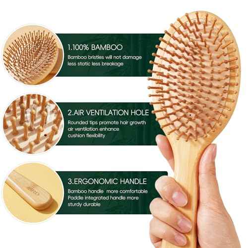 MRD Bamboo Hair Brush Set, 4-Piece Detangling Hairbrush and Comb Kit, Paddle Brush for Women Men Kids, All Hair Types-Gift Box