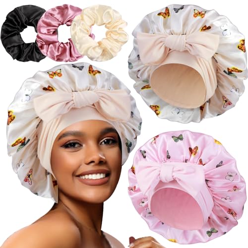 2+3 Large Satin Bonnets with Scrunchies for Women, Hair Bonnet Sleeping Tie Bonnet for Braids Curly Hair