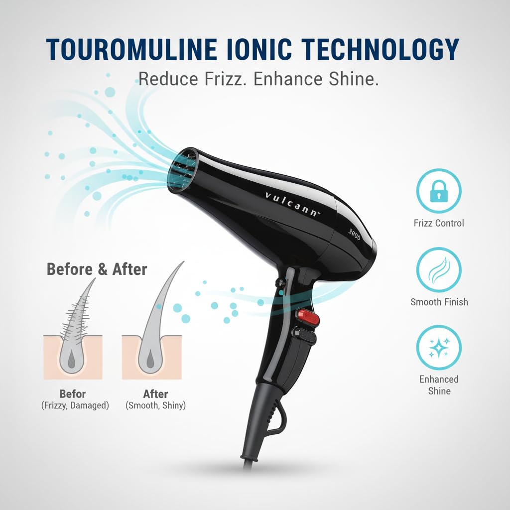 IZUTECH Vulcann 3900 Professional Salon Hair Dryer, 1875W AC Motor Blow Dryer with Tourmaline Ionic Technology, 3 Heat & 2 Speed Settings, Cool Shot Button, 11.5 ft Professional Cord, Black