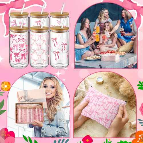 18 Pcs Pink Bow Glass Cups with Lids Coquette Bow Cosmetic Makeup Bag Pink Hair Scrunchies Ties for Women Birthday Wedding Gift Bridesmaid Bridal Valentines Christmas