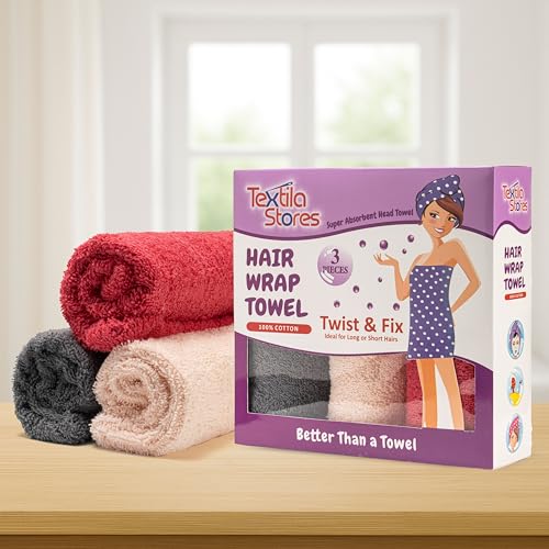 Textila 100% Cotton Hair Wrap Towels for Women, (Pack of 3 - Raspberry, Pink & Grey) Head Towel Cap, Cotton Hair Turban Towel Wrap for Long Curly Anti Frizz Hair, Soft and Absorbent Cotton Hair Towels