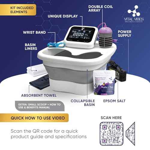 Vital Vibes Ultimate Ionic Foot Bath Detox Machine - Foot Detox Machine for Spa Bath with Touch Display - Epsom Salt & Towel - Collapsible Soaking tub -2 Powerful Array- Ion Wristband-Tub Liners