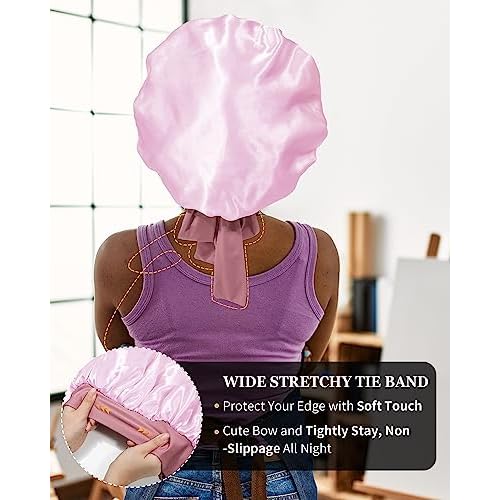 Satin Bonnet for Women Silk Bonnets for Sleeping Curly Hair Bonnet with Elastic Tie Band Reversible Double Layer Sleep Cap Hair Wrap (Bean Paste + Pink)