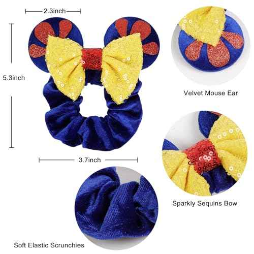 WOVOWOVO Mouse Ear Hair Scrunchies, 2 Count Snow White Mouse Ears Hair Scrunchies for Women, Cute Velvet Hair Ties for Ponytail Party Favors Cosplay Costume Cute Hair Accessories