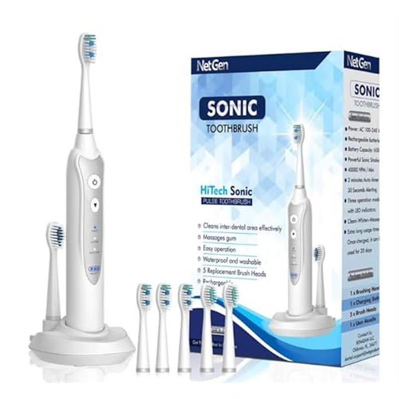 Sonic Electric Toothbrush for Adults with 5 Toothbrush Replacement Heads, 3 Brushing Modes & 2 Minutes Built-in Timer, Travel Toothbrushes with Inductive Charging, Rechargeable toothbrush | White