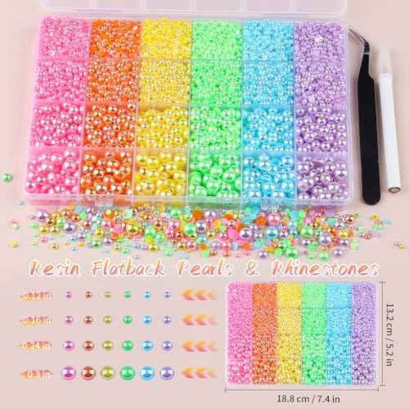 8500PCS Rainbow Flatback Pearls Set, 3/4/6/8mm Pink Purple Blue Half Round Pearls Bedazzling Bead with Tweezer and Pickup Pen for Nail Art Wedding Tumbler DIY Crafts