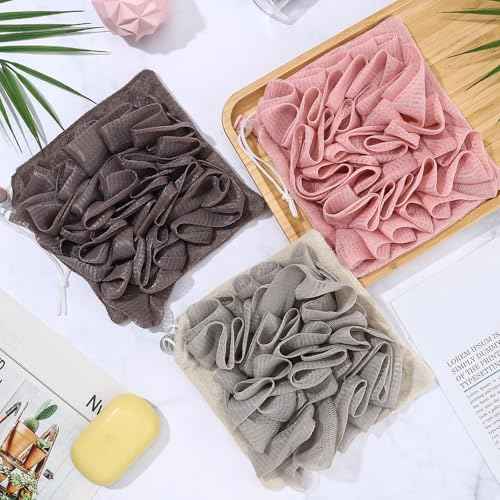 6 Pack Washcloth Loofah Combo 2 in 1 Drawstring Loofah Sponge with Bar Soap Pocket Exfoliation Mesh Shower Puff Ball for Body Wash Cleansing and Smooth Skin (Multicolor)